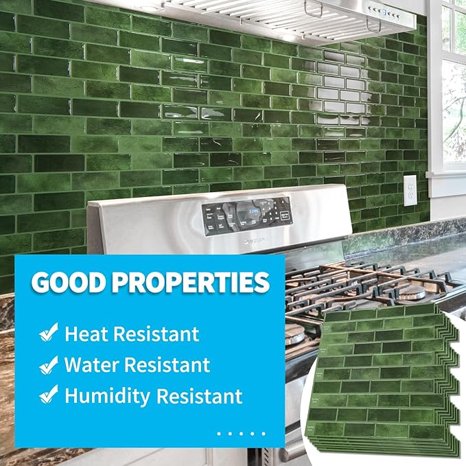 Art3d 10-Sheet Kitchen Backsplash Tiles Peel and Stick, Self Adhesive Wall Tile Sticker for Kitchen Island Bathroom Laundry Room RV Renter 12" x 12" - Jade Green