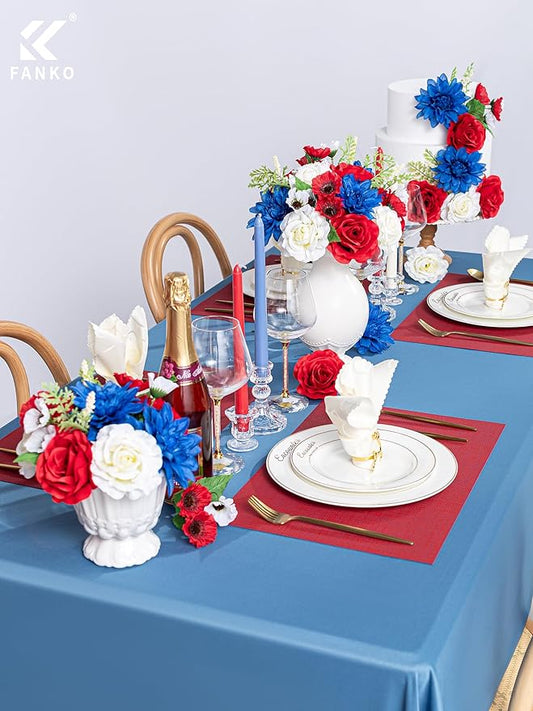 FANKO Artificial Flower Memorial Day Flowers, Mixed Red Blue White Silk Flowers Bouquet Fake Rose Blue Dahlia for Veterans Day Independence Day Grave Patriotic Decor