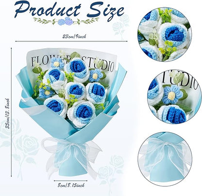 Blue Crochet Flower Bouquet, Blue Knitted Flowers Rose Crochet Bouquet Handmade for Wedding, Anniversary, Christmas, Graduation Crochet Gifts for Women (Includes Card)