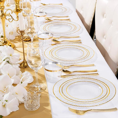 Nervure 150Pcs Clear Plastic Plates with Gold Hammered Silverware include 25Dinner Plate, 25Dessert Plate, 25Knives, 25Forks, 25Spoons and 25Cups for Wedding & Parties & Thanksgiving