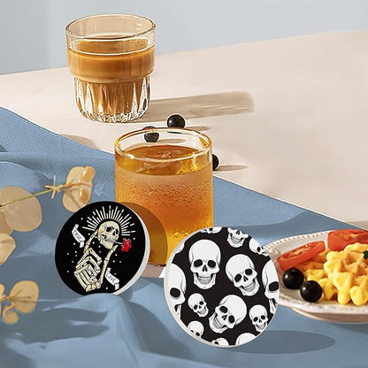 Coaster for Drinks Set of 6, Skeleton Skull Absorbing Round Ceramic Stone Coaster with Cork Base,Tabletop Protection Mat for Mugs and Cups,Coffee Table Wine Glass Home Bar 4 Inch