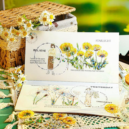 Dandelion Floral PET Stickers Set, 60PCS Holographic Botanical Flower Stickers for Scrapbooking, Journaling, DIY Crafts, and Art Supplies