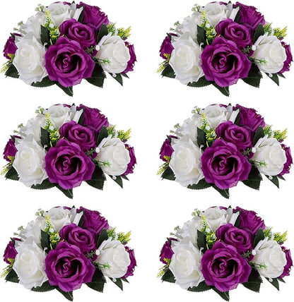 NUPTIO Flower Centerpieces for Wedding Tables: 6 Pcs Purple & White Artificial Flower Ball Arrangement for Christmas Thanksgiving Party - Fake Floral Rose for Bridal Shower Decor