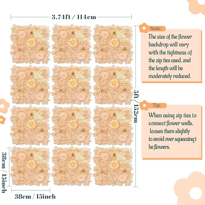Artificial Rose Flower Wall Backdrop for Bridal Shower - 5ftx3.74ft Champagne Wedding Fake Floral Wall Background - Birthday Party Decorations