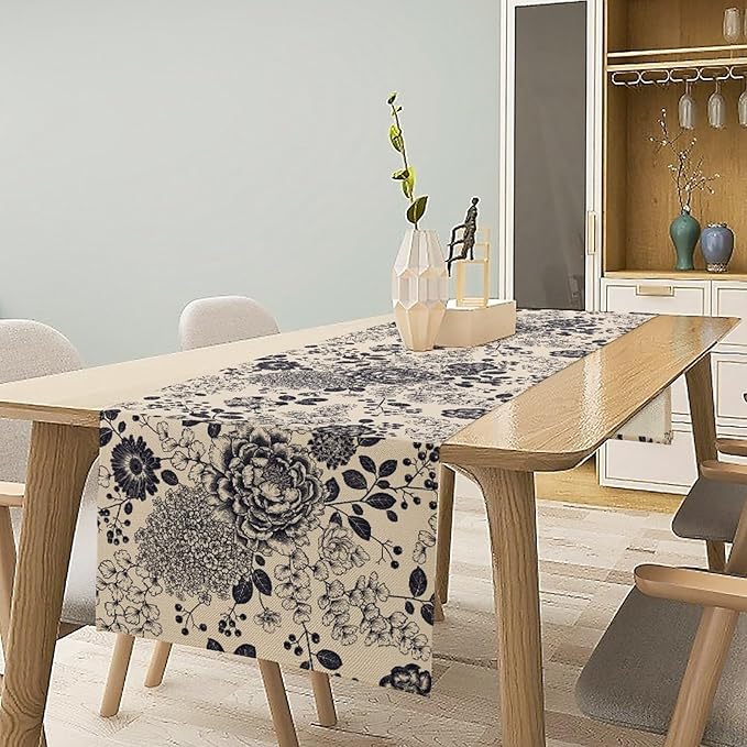 Boho Floral Table Runner, Vintage Rose Peonies Hydrangea Flower Botanical Aesthetic Gothic Beige Black Garden Table Runner for Indoor Outdoor Home Party Holiday Decor, 13x36inch