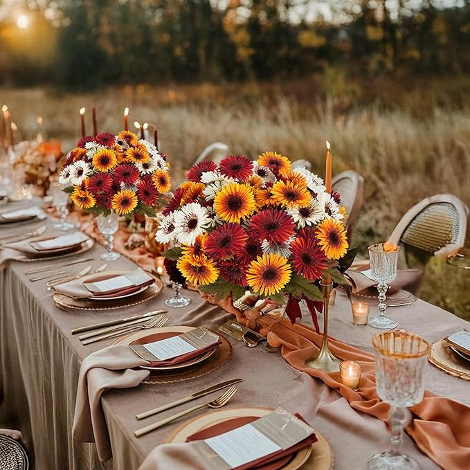 HUAESIN Artificial Fall Mum Flower for Outdoors 2 Bundles Autumn Cemetery Flowers Silk Daisy Bulk Plants for Home Porch Patio Farmhouse Thanksgiving Porch Garden Pots Planter Decor
