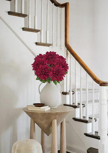 Hollyone Dark Red Artificial Dahlia Flowers Bush 7 Heads Silk Fake Dahlias Flowers with Stems Wedding Bouquets Faux Dahlia Flowers Arrangements for Outdoor Indoor DIY Table Centerpieces Home Decor
