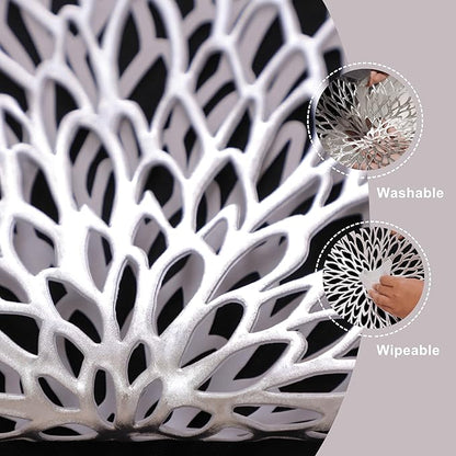 Snowkingdom 6 Pack Silver Placemats Metallic Glitter Pressed Vinyl Dinning Table Mats Decorative Round Leaf Charger for Winter Holiday Thanksgiving Christmas