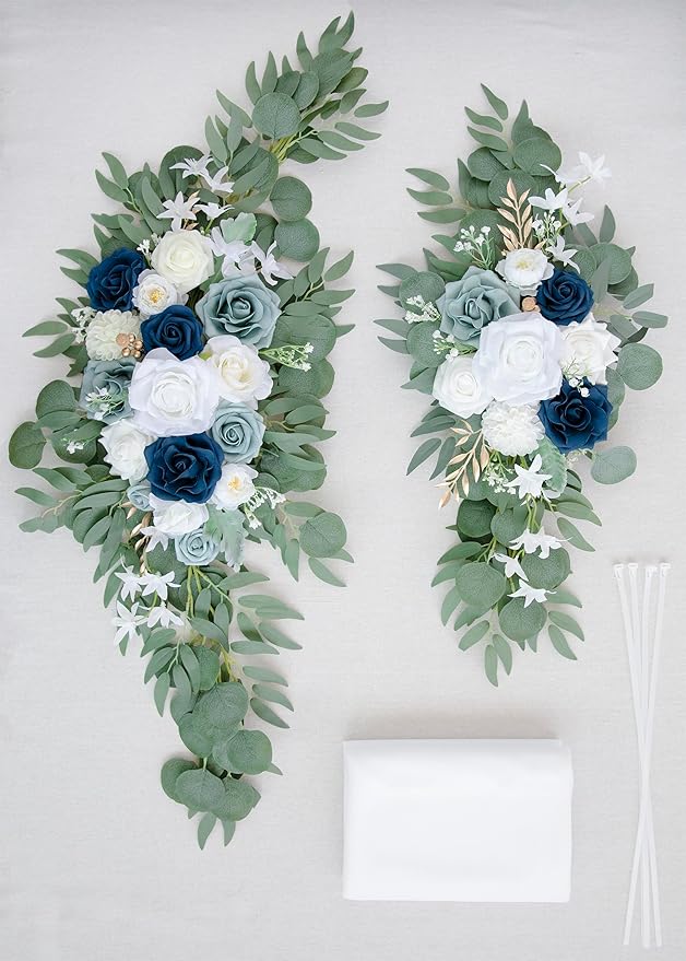 PONATIA Wedding Arch Flowers Kit (Pack of 3) with 26Ft White Arch Draping Fabric, Dusty Blue Flowers for Ceremony and Reception Wedding Decoration