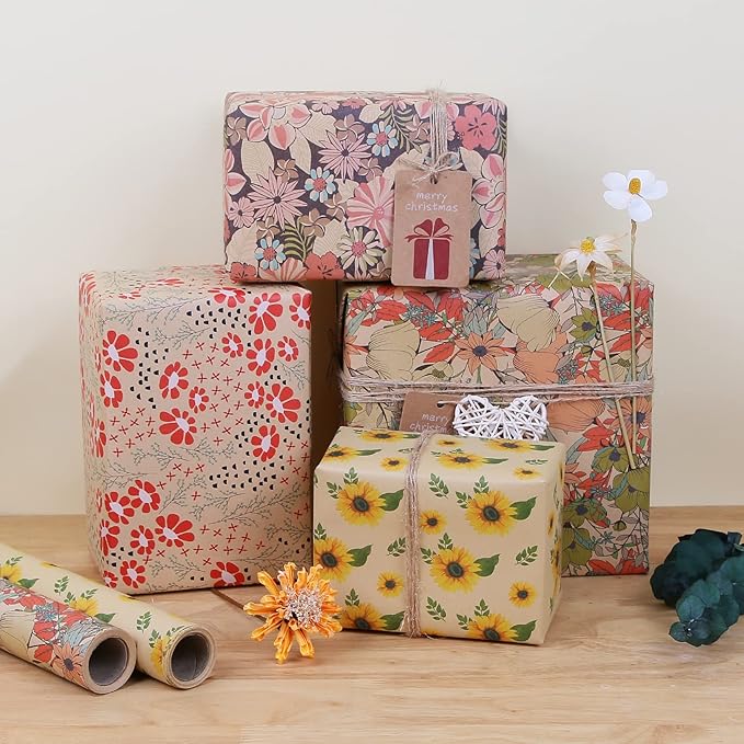 Aimyoo Kraft Floral Wrapping Paper Roll, All Occasion Vintage Flower Gift Wrap for Wedding Birthday Bridal Shower, 17 inch x 10 ft