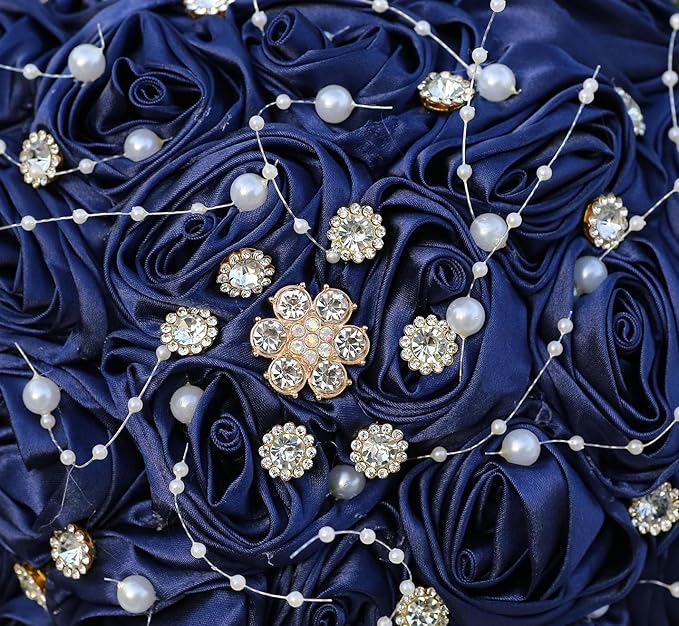 Bridal Wedding Bouquet Round Bling Brooch Bouquet Throw Toss Artificial Rose Flower Bunch for Bride Bridesmaid Wedding Quinceanera(Navy Blue, 7.5")