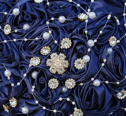 Bridal Wedding Bouquet Round Bling Brooch Bouquet Throw Toss Artificial Rose Flower Bunch for Bride Bridesmaid Wedding Quinceanera(Navy Blue, 7.5")