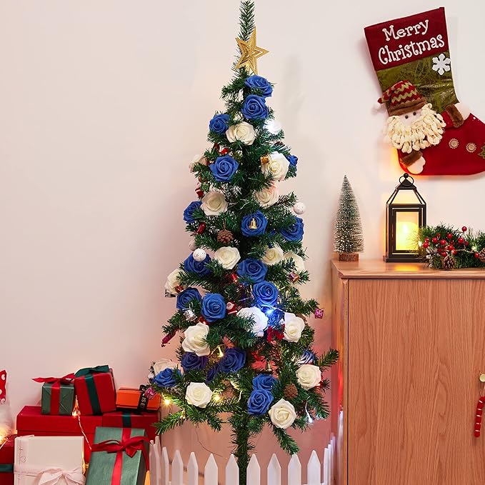 InnoGear Artificial Flowers, 50 Pcs Royal Blue Foam Fake Roses Bulk with Stems for Decoration Celebration DIY Wedding Bouquets Centerpieces Bridal Shower Party Christmas Tree