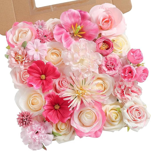 YYHUAWU Artificial Flowers Combo Set Fake Flower Leaf Box with Stems for DIY Wedding Bouquets Centerpieces Flower Arrangements Decorations Baby Shower Party Home Decorations White Pink