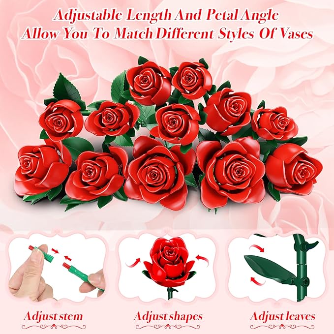 Flowers Bouquet Building Set, 12 Artificial Red Roses Botanical Collection Building Block Educational Toys Gift for Girls Kids Women Valentines Mothers Day Christmas Birthday Gift, 634 PCS