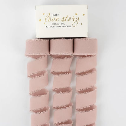 MEEDEE Dusty Rose Chiffon Ribbon 1 Inch Fringe Ribbons Dark Pink Chiffon Silk Frayed Edge Ribbon Thin Chiffon Ribbons for Crafts, Gift Wrapping, Wedding Invitation (3 Rolls 21 Yards)