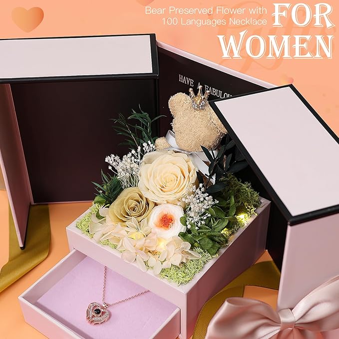 Gifts for Mom Grandma Christmas Birthday Preserved Flowers Roses with Heart Necklace Fresh Flowers for delivery Prime Eternal Forever Flower Box Xmas Gifts for Women Mother Her Wife from Daughter