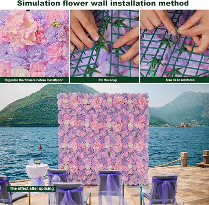 Flower Wall Backdrop12 pcs 16.5x16.5 Inch Floral Wall Panel Artificial Silk Rose Wall Decor Ideal for Wedding Celebrations, Festive Party Backdrops, and Home Decor-Pink and Purple