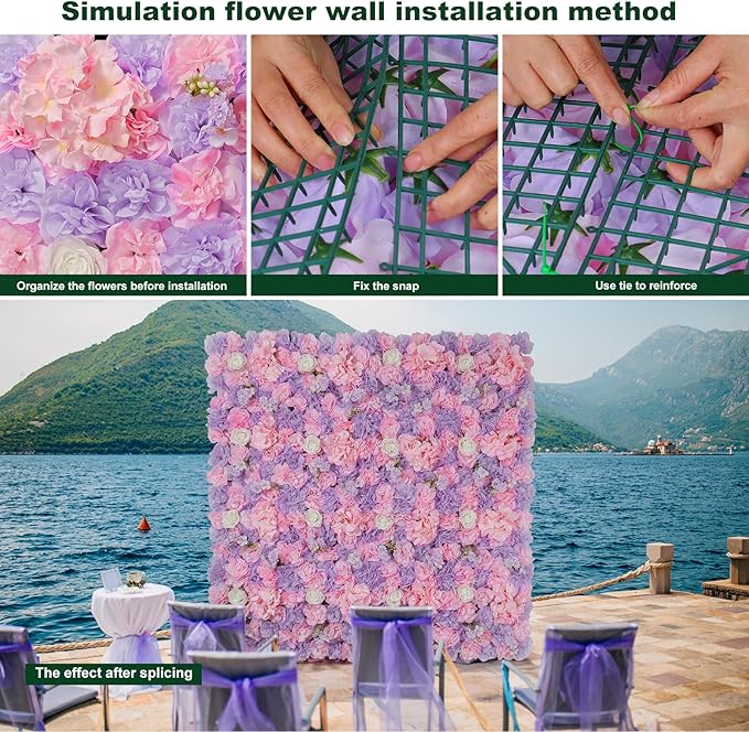 Artificial Flower Wall Backdrop 16pcs 16.5x16.5 Inch 3D Silk Rose Floral Wall Panel Ideal for Wedding Celebrations, Festive Party Birthday Backdrops and Elegant Home Decor-Pink and Purple
