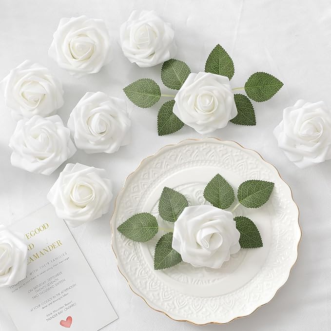 DerBlue 60pcs Artificial Roses Flowers with stem and 10pcs Green Leaves Real Looking Fake Roses Artificial Foam Roses Decoration DIY for Wedding,Arrangements Party Home Decorations