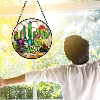 Stained Glass Window Hanging, White Green Cactus Suncatcher Diamond Glass Panel Hangings Sun Catchers Decor for Birthday for Women, Men, Wife, Aunt, and Mom 11.8x11.8 in