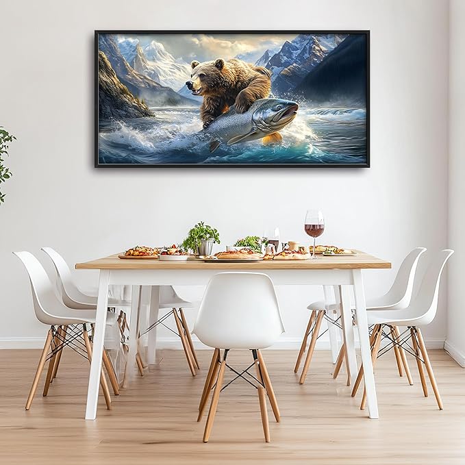 Bear Fish Large Decor Framed Wall Art Mountain Pictures for Living Room, Oversized Canvas Print Painting Modern Extra Large Framed Artwork for Bedroom Office Home Decor 60"x30"