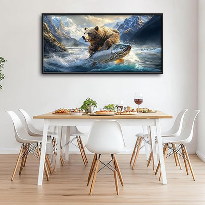 Bear Fish Large Decor Framed Wall Art Mountain Pictures for Living Room, Oversized Canvas Print Painting Modern Extra Large Framed Artwork for Bedroom Office Home Decor 60"x30"