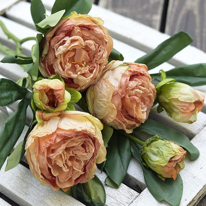 FiveSeasonStuff Vintage Dusty Coral Pink Peonies – Realistic Artificial Silk Flowers with Dry-Look Petals, 6 Stems for Rustic Antique Home & Wedding Bridesmaids Bouquet Bridal Showers