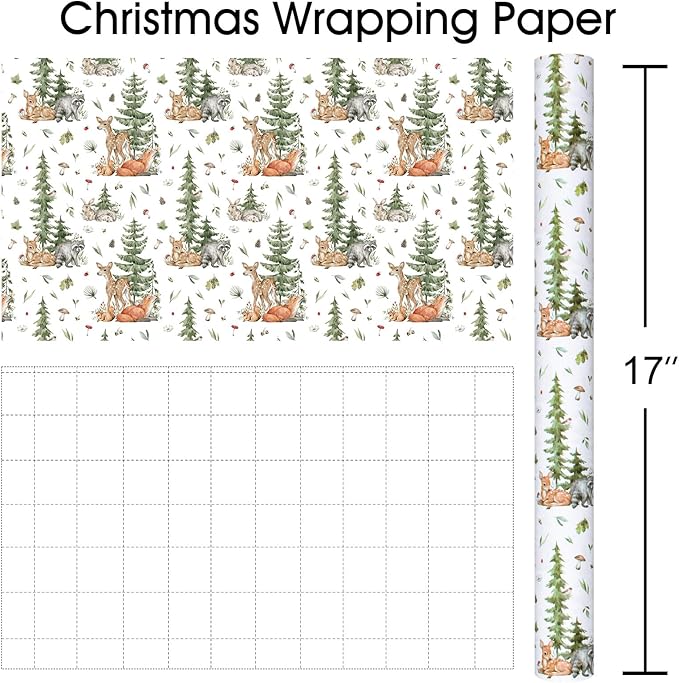 MAYPLUSS Christmas Wrapping Paper Roll - 17 In x 33 Feet - Cute Watercolor Christmas Tree Reindeer Rabbit Squirrel Gift Wrap Paper for New Year, Holiday, Kids