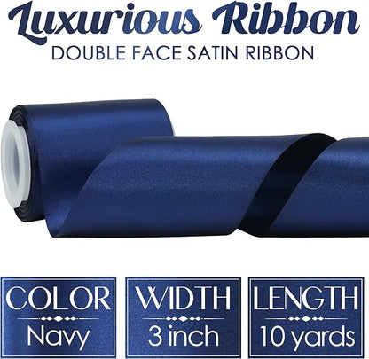 MEEDEE Navy Satin Ribbon Lux Double Faced Satin Ribbon 3 Inch Navy Blue Ribbons by 10 Yards Navy Blue Ribbons for Christmas Tree, Flower Bouquet, Weddings, Bow Making, Holiday Decorating
