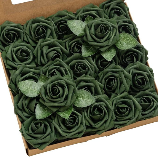 Ling’s Moment Artificial Flowers 50Pcs Emerald Green Roses Decor w/Stems,3" Real Touch DIY Foam Floral for Wedding Bouquet/Centerpieces, Outdoors Party Backdrop, Room/Table, and Garden/Pot Decorations