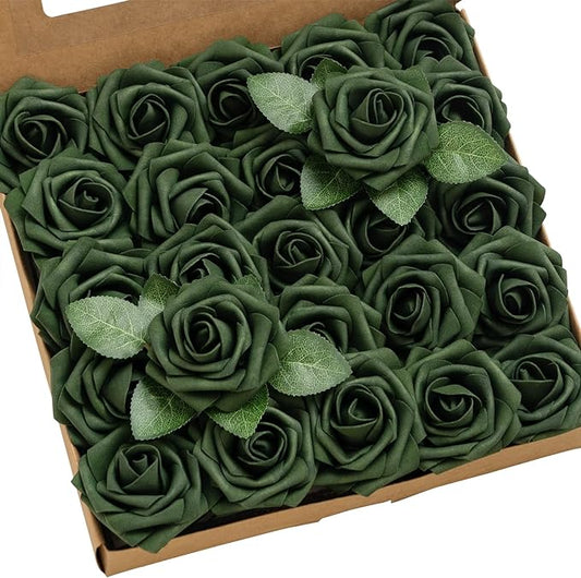 Ling’s Moment Artificial Flowers 25Pcs Emerald Green Roses Decor w/Stems,3" Real Touch DIY Foam Floral for Wedding Bouquet/Centerpieces, Outdoors Party Backdrop, Room/Table, and Garden/Pot Decorations