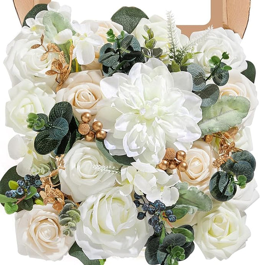 Artificial Flowers, 2PCS White Silk Flowers with Stems for DIY Wedding Bridal Bouquets Baby Shower Floral Arrangement Table Centerpieces Home Decoration