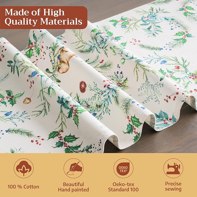 Maison d' Hermine Table Runner 100% Cotton Single Layer Table Runners 72 inches Long for Thanksgiving Christmas Decorations Home Kitchen Dining Party Wedding (Holly Time, 14.5" x 72")