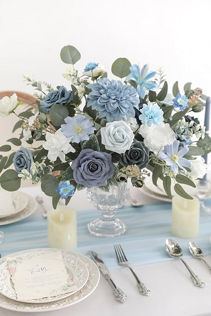 Blue Artificial Flowers Combo Set Fake Flower Leaf Box with Stemst for DIY Wedding Bridal Bouquet, Centerpieces, Home Decor, Floral Arrangement Decor(Blue)