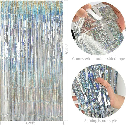 TONIFUL 3Pcs Laser Silver Door Streamers,Laser Silver Photo Booth Backdrop Metallic Streamers Foil Fringe Curtains for Birthday,Christmas,New Year,Bachelorette,Grad Party(9.9ft x 6.6ft)
