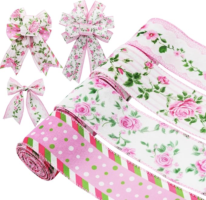 4 Rolls Pink Rose Floral Wired Edge Ribbon – 2.5 Inch, 5 Yards Each, Summer Grosgrain Set for Wedding Decor, Gift Wrapping, DIY Crafts, Mother's Day Gift