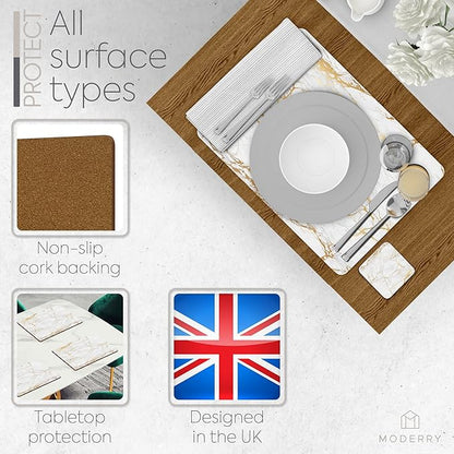 Set of 4 Heat Resistant Cork Placemats for Dining Table with Free Set of 4 Matching Drink Coasters Marble Design 16 x 12 Inches Cork Backed Hard Placemats (Foiled Gold)