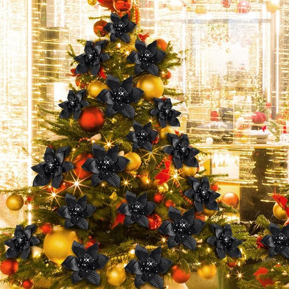 WILLBOND 24 Pcs 3 Size Poinsettia Flower Artificial Christmas Decor Glitter Poinsettia Christmas Ornaments Faux Flowers for Xmas Tree Outdoor(4/6/7.9 Inches,Black)