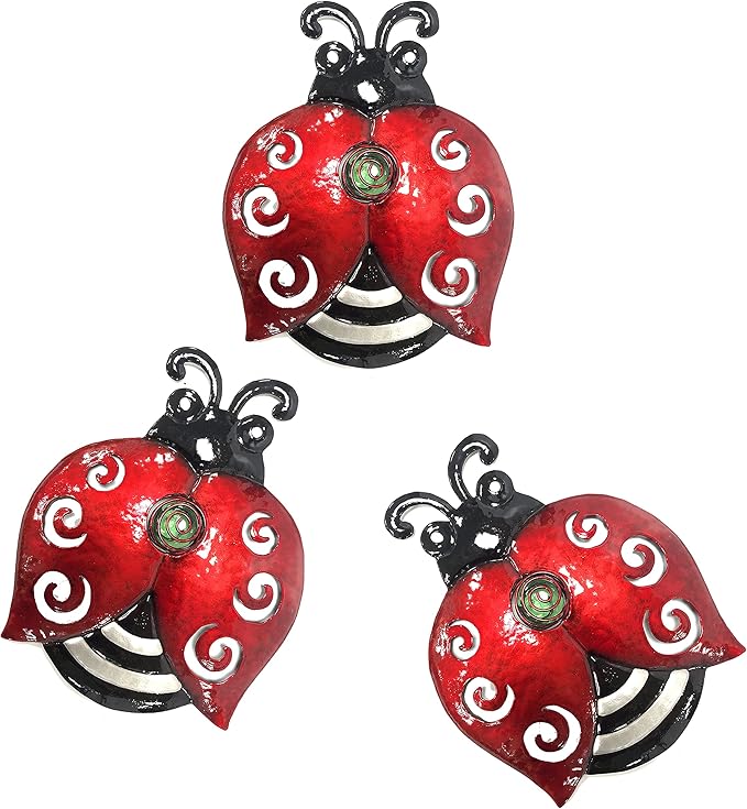 Metal Ladybugs Wall Art Decor, Christmas Large Ladybugs Wall Sculpture, Christmas Garden Decoration Hanging for Outdoor Garden Yard Lawn Patio, 9.5 * 7 Inch, 3 Pack, Gift for Family