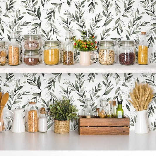 Erfoni Dark Green Leaf Wallpaper Green Peel and Stick Wallpaper 17.7in x 118.1in Modern DIY Removable Contact Paper Leaves Plant Self Adhesive Wall Paper for Livingroom Bathroom Decor Vinyl Roll