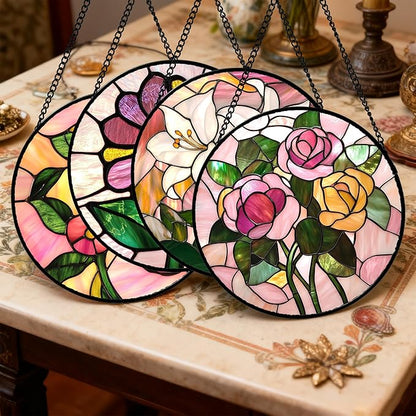 Stained Glass Window Hanging 4 Pcs Set Pink Floral Theme Large 11.8" - Flowers Suncatcher Door Garden Sun Catcher Decor Birthday Christmas for Mom Woman Nana Men Friend