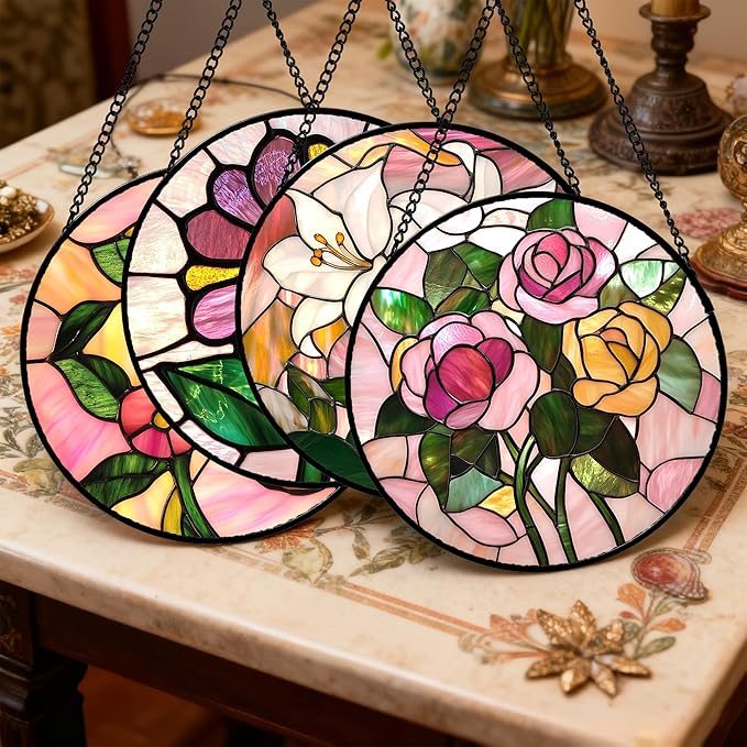 Stained Glass Window Hanging 4 Pcs Set Pink Floral Theme 9.8" - Flowers Suncatcher Door Garden Sun Catcher Decor Birthday Christmas for Mom Woman Nana Men Friend