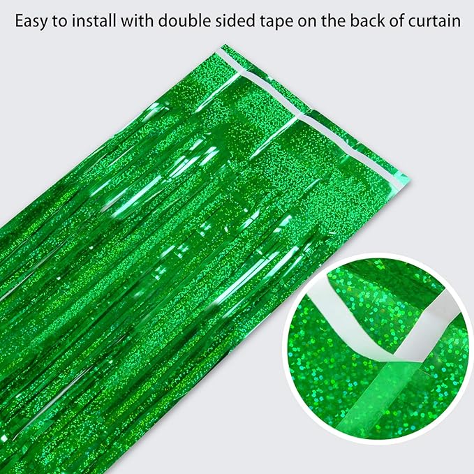 Melsan Foil Curtain Backdrop, 2 Pack 3.2 ft x 8.2 ft Tinsel Foil Fringe Curtains, Sparkle Metallic Foil Fringe Curtains for Christmas Party Decorations Photo Booth Props Decoration, Green