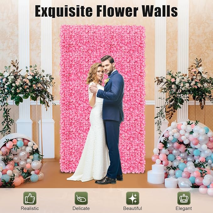 3D Flower Wall Panel, 10pcs Pink Artificial Floral Wall Backdrop, Realistic Silk Flower Backplanes, Roll Up Fake Flower Background for Valentines Wedding Party Photo Arrangement Decor