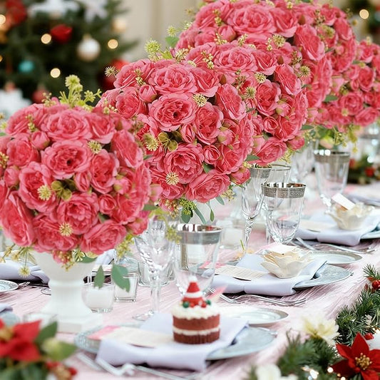 4 Packs Artificial Peonies Silk Flowers: Faux Peony Bouquet 4 Bundles, Fake Peonies Flowers Bulk for Centerpiece Table Wedding Party Home Decor for Vase Decoration (Rose Red)