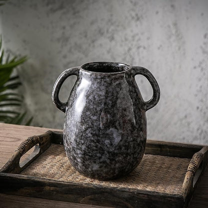 Ceramic Modern Farmhouse Vase with 2 Handles, Black Ceramic Vases for Home Decor, Rustic Pottery Vase, Decorative Terracotta Flower Vase, Boho Clay Vase for Table Living Room Shelf Mantel Decor