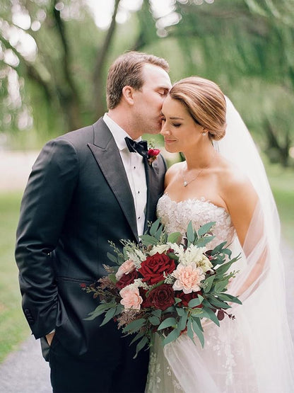 Rinlong 13.5" Wide Fall Wedding Bouquets for Bride Burgundy Bridal Bouquet for Wedding Wine Boho Dried Pampas Artificial Flowers Bouquets