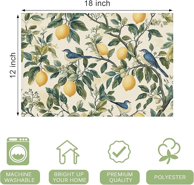 Lemon Placemats Set of 4 Washable Table Mats Summer Yellow Lemonade Stand Heat-Resistant Cotton Linen Place Mats for Dining Table Kitchen Indoor Outdoor Party Holiday Décor