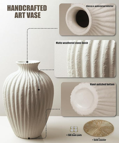 Handmade Ceramic Decorative Vase – Warm White Rustic Textured 10.4” Round Vase with Irregular Waves and Weathered Stone Finish for Home, Office, Farmhouse Decor